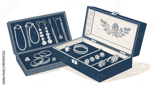 Elegant jewelry displayed in open vintage boxes, a treasure trove of necklaces, rings, bracelets and earrings, offering a glimpse into timeless style