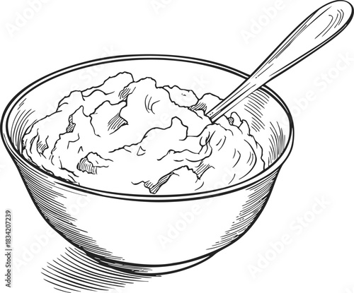 Mashed potatoes sketch hand drawn in bowl with spoon. Vector illustration