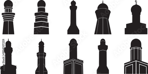 Assorted Mosque Minaret and Tower Silhouettes Vector Set: Islamic Architecture and Religious Landmark Icons Collection
