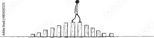 Stick figure sketch walking on rising and falling bar chart columns. Vector illustration