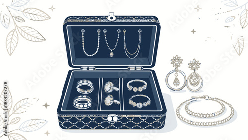 Elegant jewelry box filled with necklaces, rings, bracelets, and earrings, a treasure trove of beautiful accessories for a touch of sophistication and style