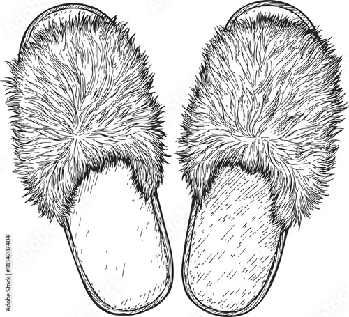 Fuzzy slippers sketch hand drawn style cozy footwear top view. Vector illustration