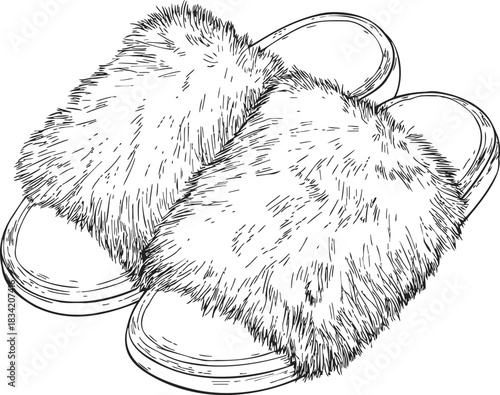 Fuzzy slippers sketch hand drawn cozy footwear with fluffy texture. Vector illustration