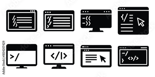coding screen silhouette icon set
