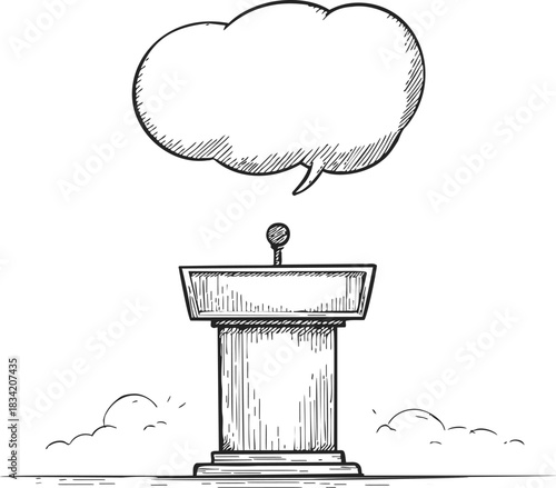 Podium with microphone and speech bubble sketch, hand drawn style. Vector illustration