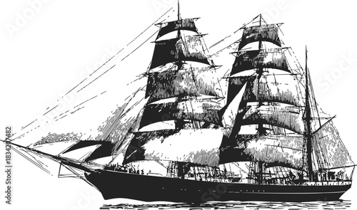 Sailing ship sketch hand drawn vintage tall ship with full sails at sea. Vector illustration
