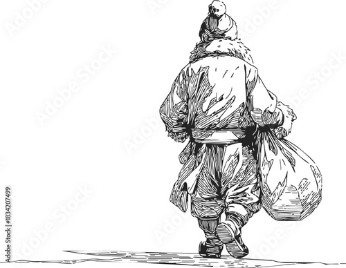 Santa Claus hand drawn sketch walking with large sack over shoulder. Vector illustration