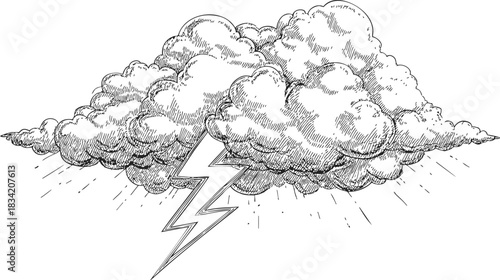 Storm cloud sketch with lightning bolt and rain, hand drawn style. Vector illustration