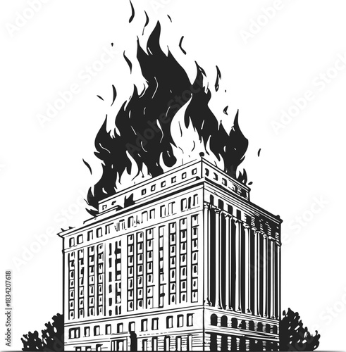 Burning building sketch, hand drawn flames and smoke on tall city structure. Vector illustration