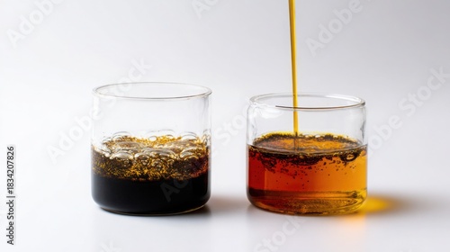 close up of engine oil turning dark inside a transparent container next to a clean new oil sample, minimalistic studio lighting, white background