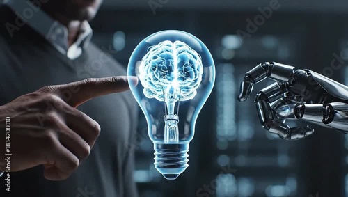 Human and Robot Hands Touching Igniting AI Brain Idea.