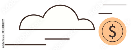 Cloud outline with a dollar sign in a circle, representing financial success, online services, SaaS, and cloud storage. Ideal for finance, innovation, technology, data digital transformation