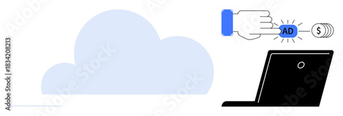 Digital advertising, cloud storage, online payments, data management, internet business, remote computing. Hand clicking ad symbol near laptop and dollar icon. Digital advertising and cloud storage