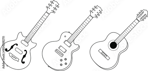 Vector illustration of three guitar types, electric and acoustic instruments, music equipment design, line art style, detailed outlines, musical instrument artwork