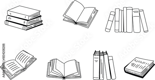Vector illustration of various book designs, stacked books, open pages, reading elements, library study icons, detailed line art drawing for educational themes