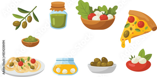 Mediterranean food cartoon vector set, pesto, olives, pizza, pasta, salad, mozzarella, flat illustration, side view, cuisine concept