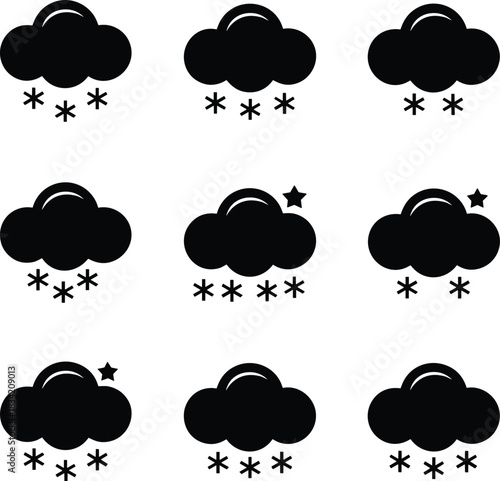 Collection of black cloud icons depicting various winter weather conditions and precipitation types