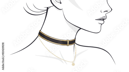 Elegant woman wearing a stylish black and gold choker with delicate pendant, perfect for fashion blogs, jewelry ads, or beauty industry promotions