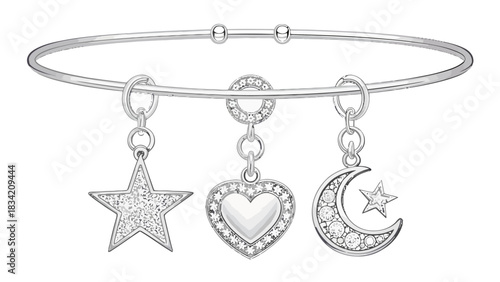 Elegant silver bangle bracelet featuring sparkling star, heart, and moon charms, radiating modern style and feminine charm for fashion-forward accessory designs