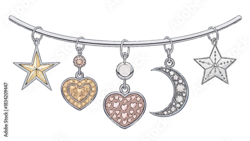 Whimsical charm bracelet featuring delicate heart, moon, and star pendants for jewelry design concepts and accessories, evoking dreams, love, and celestial beauty