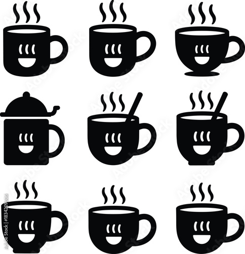 Collection of cartoon coffee cups with smiling faces and steam