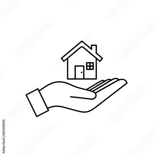 House on a hand icon in a minimalist line art style on a transparent background