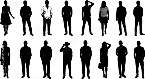 Vector silhouettes man and women, illustration. Silhouettes of young people posing in casual clothes. Transparent background EPS version.