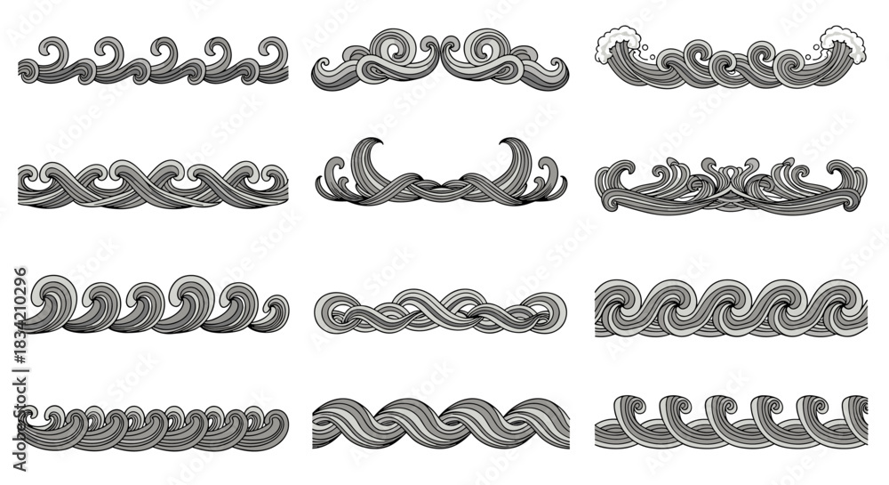 Obraz premium Collection of hand-drawn decorative grey wave patterns and borders, featuring various stylized designs and swirl motifs.