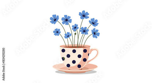 An adorable vector illustration of cute blue flowers blooming in a pink polka dot teacup with a matching saucer on a white background.