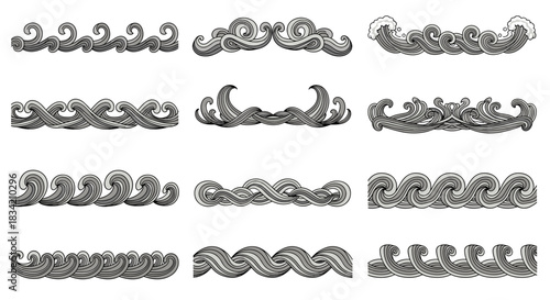 Collection of hand-drawn decorative grey wave patterns and borders, featuring various stylized designs and swirl motifs.