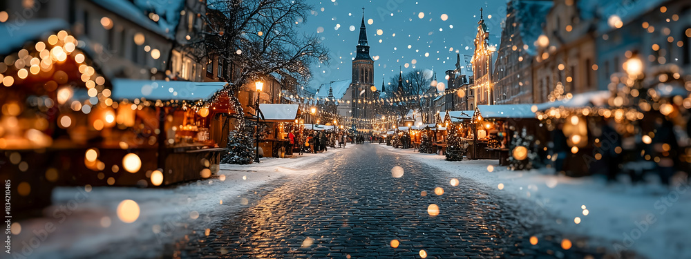 Fototapeta premium Charming winter market scene with lights and snowfall in evening