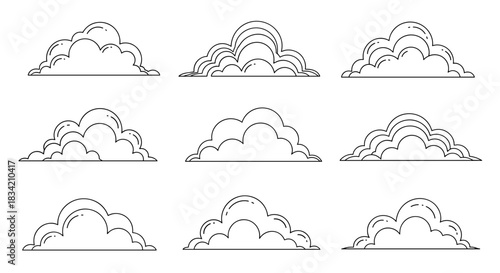 A set of nine various outlined cloud shapes and designs, ideal for weather icons, graphic elements, or simple illustrations.