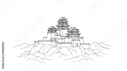 Ancient Chinese mountain fortress vector, tiered towers, defensive walls, misty mountain base, elegant minimalist line art, isolated on white, black and white vector illustration