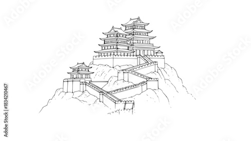 Ancient Chinese mountain fortress vector, tiered towers, defensive walls, misty mountain base, elegant minimalist line art, isolated on white, black and white vector illustration