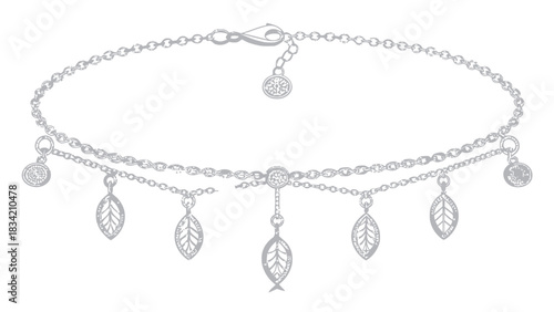 Elegant silver anklet with leaf charms, a stylish accessory for summer fashion, perfect for adding a touch of nature-inspired beauty to your look