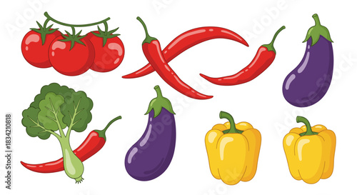 A colorful and healthy collection of fresh raw vegetables, featuring red tomatoes, green broccoli, purple eggplants, yellow bell peppers, and red chili peppers.