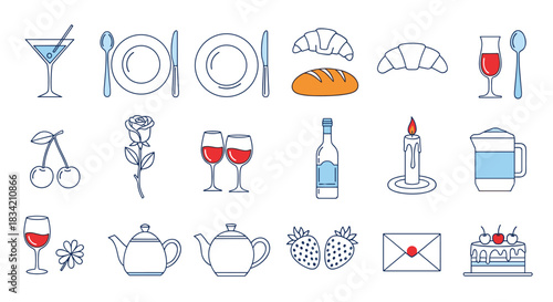 A collection of outlined icons representing food, drinks, dining elements, and romantic symbols for celebrations and special occasions.
