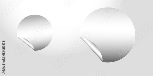 Blank white round paper sticker mock up with curved corner. Illustration of vector graphic paper white note.  Set of circle adhesive stickers with folded edges and shadow. stickers peel off, patches .