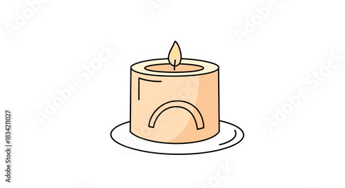 A lit candle with a sad face drawn on its side, sitting on a white saucer, against a clean white background.