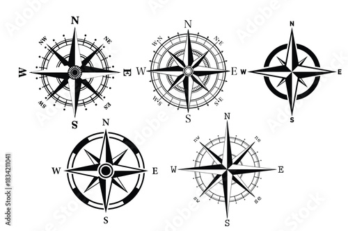 Collection of illustrated compass rose icons for navigation and direction