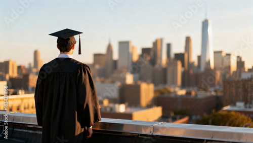 Young Male College Grad in Cap & Gown, Back View on Rooftop City Skyline