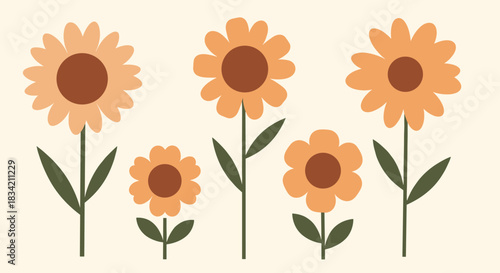 A collection of whimsical, stylized sunflowers of varying heights and sizes, depicted in warm orange and brown hues on a light cream background.