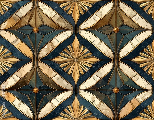 Elegant Art Deco Pattern with Geometric Shapes in Blue, Gold and Cream tones