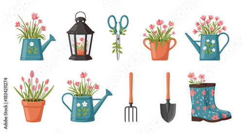 A charming set of cartoon illustrations featuring various gardening tools, flower pots, watering cans, and boots, adorned with pink flowers.