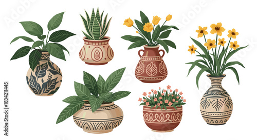 Collection of various potted green plants and colorful flowers in decorative, earthy-toned vases and pots, isolated on white.