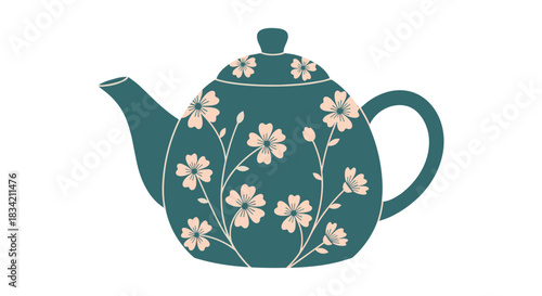 Flat vector illustration of a charming dark teal teapot with a sweet pink floral pattern and green stems, set on a plain white background.
