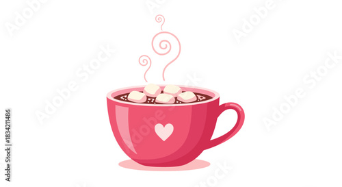 A cozy pink mug of hot chocolate adorned with a white heart, topped with fluffy marshmallows and steaming warmly, perfect for a comforting drink.