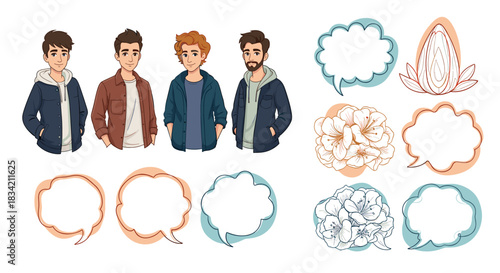 A vibrant collection of diverse cartoon young men, various speech bubbles, and elegant floral illustrations for graphic design projects.