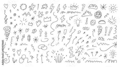 Collection of hand drawn doodle elements like hearts arrows lightning bolts and stars