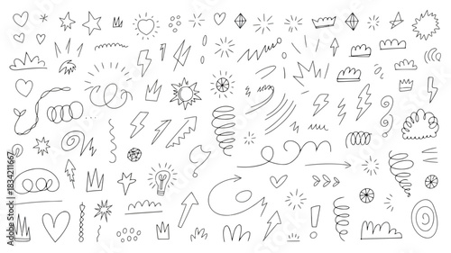 Collection of hand drawn doodle elements including stars hearts lightning bolts and arrows